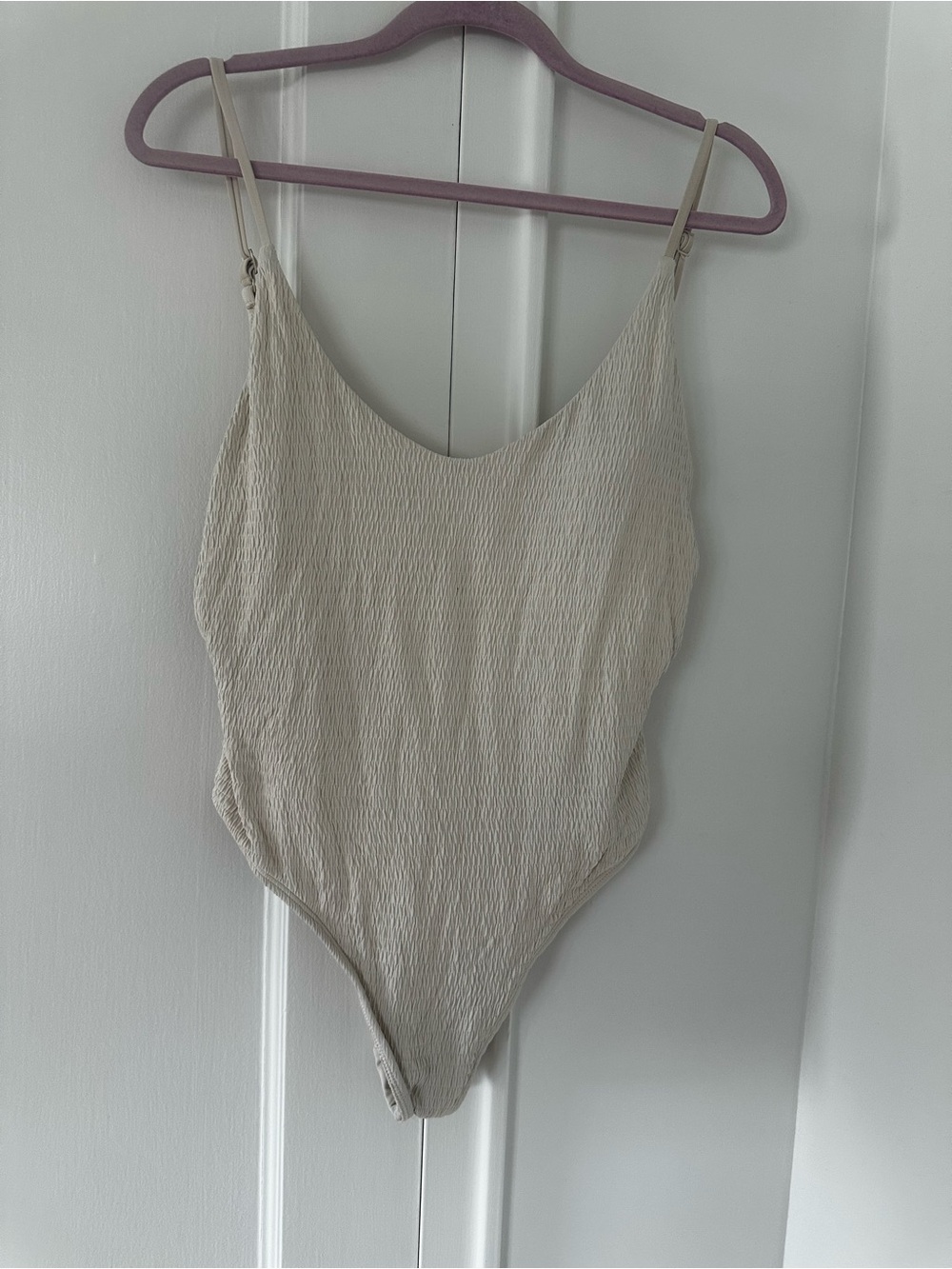 aerie Cream Ribbed One-Piece Swimsuit Bodysuit with Adjustable Straps